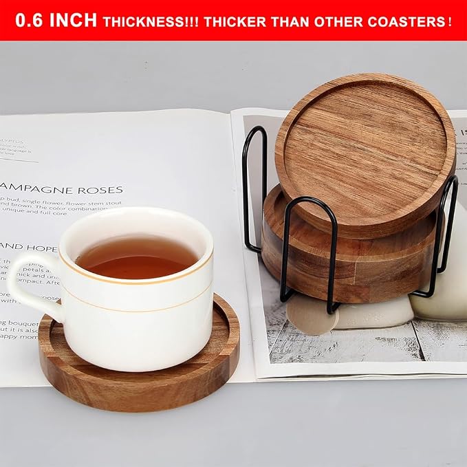 Wood Coasters Set of 4 Farmhouse Outdoor Coster for Drink Patio Table Decor | Cute Wooden Coaster with Holder Rustic Coffee Bar Accessories Kitchen and Dining Room Decoration Aesthetic Cool Cup Coasters - Image 3