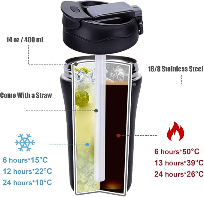 14 oz Travel Coffee Mug, 2 Pack Vacuum Insulated Stainless Steel Tumbler | Spill proof coffee travel mug with lid & straw for hot & cold drinks. Great gift for men & women (Black Grey) - Image 3