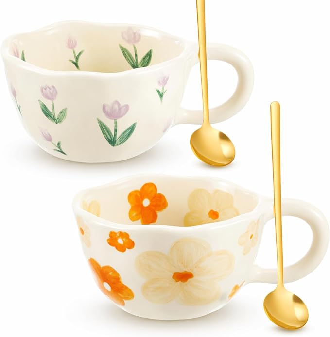 Vesici 2 Pcs Ceramic Coffee Mugs with Spoon, Vintage Floral Spring Mugs with Handle, 8.5 oz Aesthetic Flower Porcelain Tea Cup Set, Dishwasher & Microwave Safe Mothers Day Gifts for Mom(Charming) by Vesici