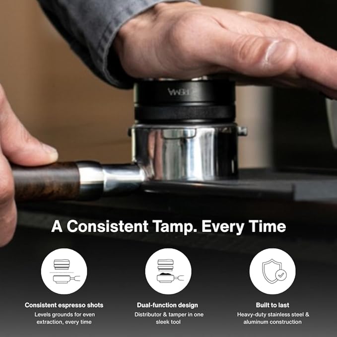 CREMA Coffee Products 59mm Hand Tamper & Distributor | Compatible with Breville Portafilters | Double-Sided, Adjustable Depth Tool | Made with Durable 304 Stainless Steel | Black