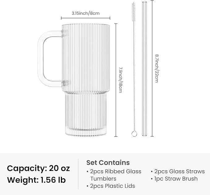 INSETLAN 20oz Ribbed Glass Tumblers with Lids and Handles, 4-Pack Reusable Cups with Glass Straws for Iced Coffee, Smoothies, Matcha, Water, Thick-Walled Drinking Glasses for Daily Use and Travel - Image 3