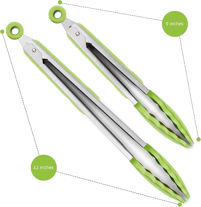 2 Pack Silicone Kitchen Tongs, 9 & 12 Inch, Stainless Steel, Light Green - Image 4