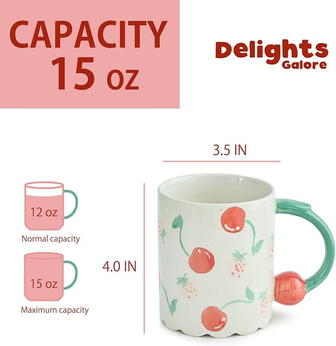 15oz Hand Painted Mug with 3D Cherry Handle - Strawberry & Cherry Pattern. Lead-Free, Microwave/Dishwasher Safe. Aesthetic Coffee Tea Cup Gift for Women & Girls-4pack - Image 7