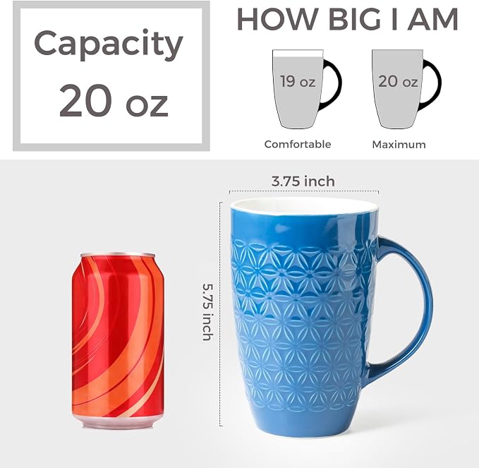 AmorArc Extra Large Coffee Mugs Set of 6, 20oz Ceramic Tall Coffee Mugs Set with Textured Geometric Patterns for Latte/Tea/Beer/Hot Cocoa, Dishwasher & Microwave Safe, Blue - Image 2