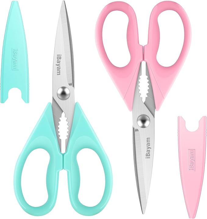 iBayam Cute Kitchen Scissors All Purpose Heavy Duty Meat Poultry Shears | Pastel Pink, Mint Blue, Built-In Bottle Opener, Protective Sheath, Dishwasher Safe, Stainless Steel, Comfort Grip, Left/Right by iBayamDirect