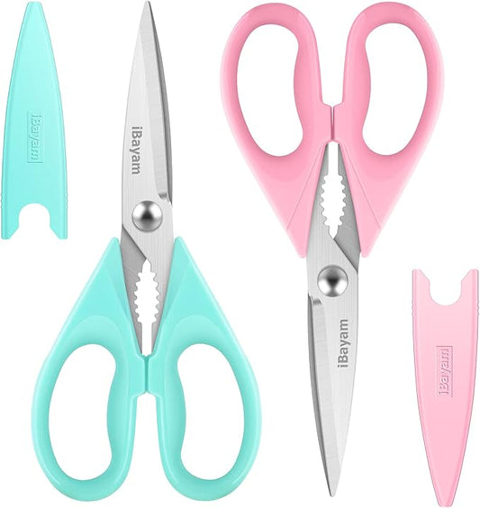 iBayam Cute Kitchen Scissors All Purpose Heavy Duty Meat Poultry Shears | Pastel Pink, Mint Blue, Built-In Bottle Opener, Protective Sheath, Dishwasher Safe, Stainless Steel, Comfort Grip, Left/Right by iBayamDirect