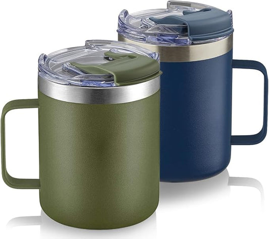 12oz Stainless Steel Insulated Coffee Mug with Handle, Double Wall Vacuum Travel Mug, Tumbler Cup with Fliping Lid, Navy and Army Green by ALOUFEA