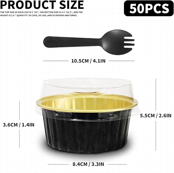 Graduation Party 50Pcs Mini Aluminum Foil Cupcake,5oz Baking Cups with Lids | Black Mini Cake Pans,Oven Safe,Loaf Pans with Lids,Disposable Ramekins,Tin Cups Containers for Cupcake,Muffin,Cheesecake - Image 2