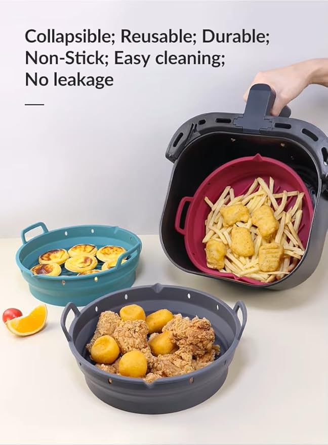 Reusable Silicone Air Fryer Liner –2pcs (Round+Square), Collapsible, Oil-Draining Design, Food-Grade, Non-Stick, Heat Resistant, Dishwasher Safe – Fits 5–8 QT Baskets (grey)