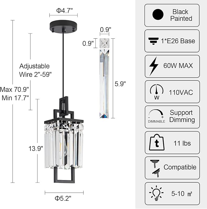 Modern Black Pendant Light Fixtures for Kitchen Island and Dining Room, Industrial Small Hanging Crystal Chandelier Light Fixture for Bedroom Entryway Living Room Foyer Hallway 3-Pack - Image 2