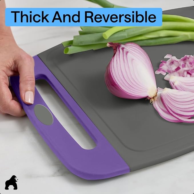 GORILLA GRIP BPA-Free Reversible Kitchen Cutting Board Set of 3, US Designed, Nonporous, Juice Grooves Catch Liquid, Slip Resistant Border, Dishwasher Safe, Durable Food Chopping Boards, Gray Purple - Image 7