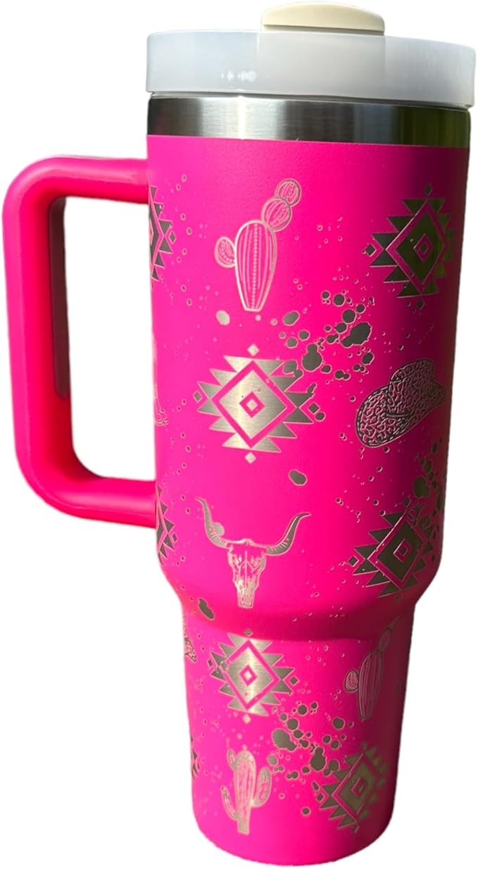 Tumbler, 40oz Tumbler, Western Tumbler, Engraved Cup with Handle, Cute Coffee Mug, 40oz Coffee Mug (Pink-Western(D))