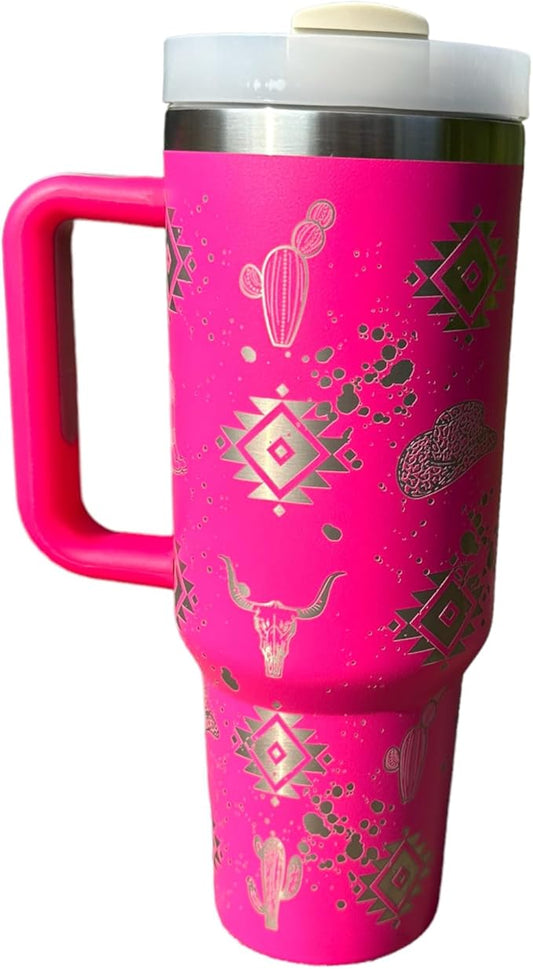 Tumbler, 40oz Tumbler, Western Tumbler, Engraved Cup with Handle, Cute Coffee Mug, 40oz Coffee Mug (Pink-Western(D))