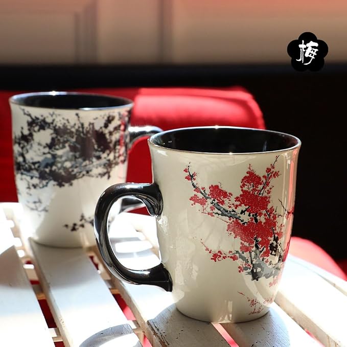 Color Changing Heat Sensitive Magic Funny Art Mug Large Coffee Tea Plum Blossom Porcelain Mugs for Women Mom grandma Gifts 16oz Black Change Glow Red Cups - Image 5