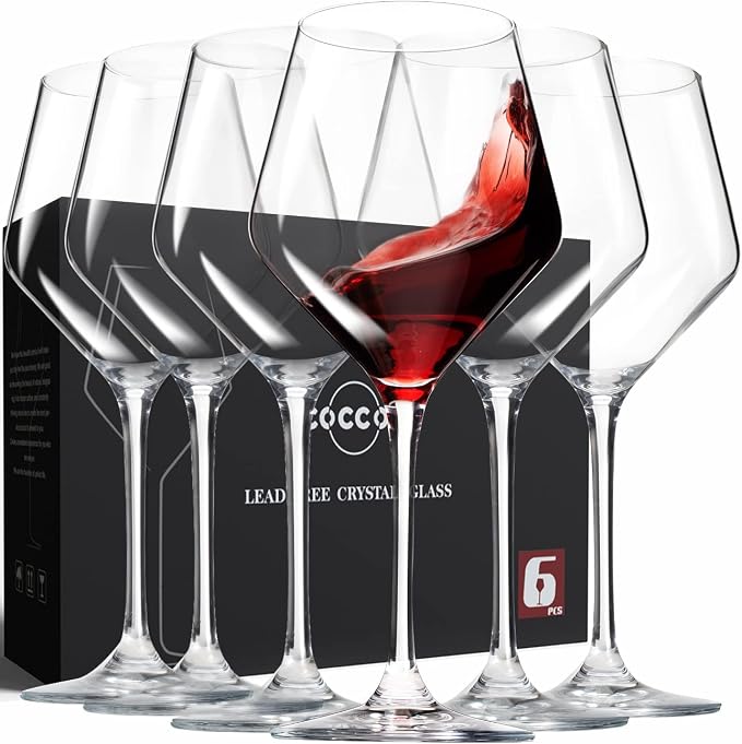 coccot Wine Glasses,White Red Wine Glasses Set of 6,Lead-Free Premium Crystal Clear Glass,Hand Blown Italian Style Burgundy Long Stem Wine Glasses,Great Gift Packaging(16oz,6pack) by coccot