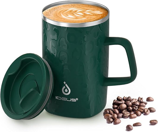 Ideus 16oz Insulated Stainless Steel Coffee Mug with Lid Leopard Dark Green | Perfect for home, office, or daily use| Easy to clean wide mouth| Sweat-proof| On the go by IDEUS