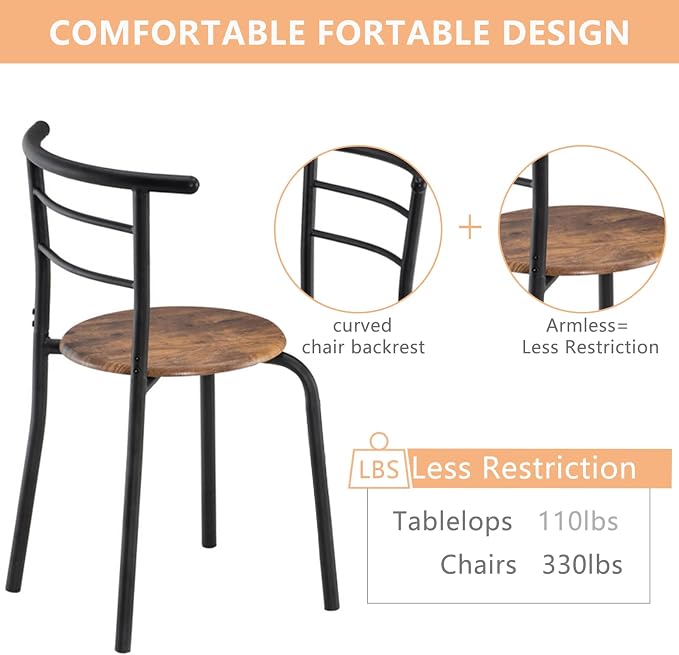 VINGLI 3 Piece Dining Set, Small Kitchen Table Set for 2, Breakfast Table Set, Kitchen Wooden Table with 2 Chairs for Small Space/Dining Room/Apartment, Metal Frame, Wine Rack, Burnt Brown - Image 7