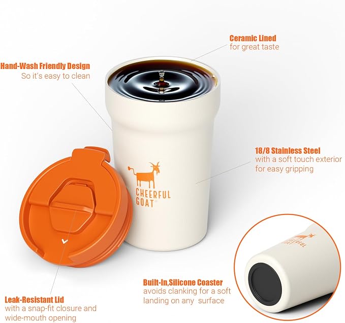 CHEERFUL GOAT Ceramic Lined Coffee Travel Mug – Stainless Steel Travel Coffee Tumbler with Ceramic Liner, with lid, 12oz Coffee Cup for Hot and Cold Water Coffee at Home, Office, or On the Go (white) - Image 3
