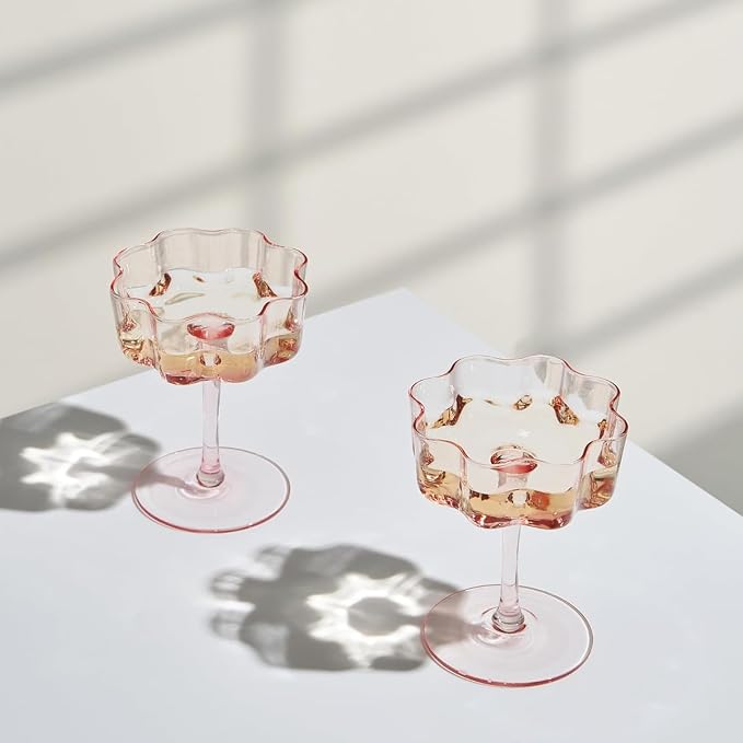 Khen Flower Vintage Wavy Petals Wave Glass Coupes 7oz Colorful Martini, Champagne & Cocktails - 2 Set - Rippled & Champagne Glasses, Bar Glassware Copyright Design (Pink) by Khen