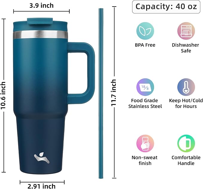 Konokyo 40 oz Insulated Tumbler Water Bottle with Handle, Straw Lid | BPA-free and dishwasher safe; made for gym, travel, coffee and gifting, 2 straws, cup holder friendly,Indigo Black - Image 4
