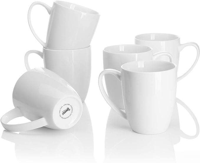 Sweese Porcelain White Coffee Mugs - 12 Ounce - Set of 6, Coffee Cups for Latte, Hot Tea, Cappuccino, Mocha, Cocoa, Festival Gift, Microwave Safe ﻿ by Sweese