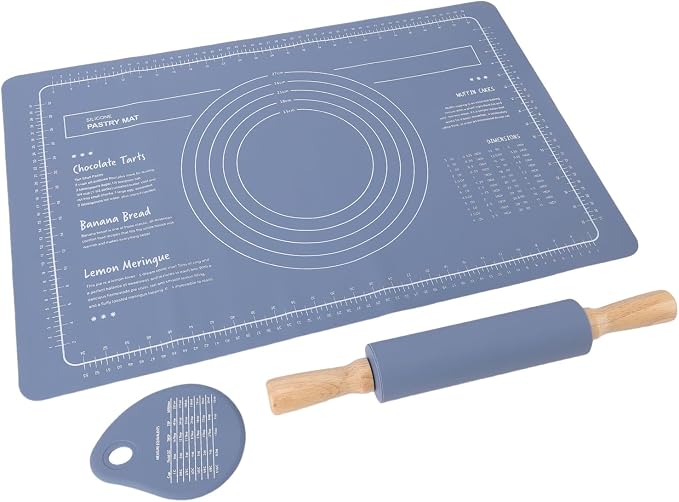 Keenso Silicone Pastry Mat Rolling Pin Set with Measurements for Baking Pizza Pies Bread Blue 3 Pieces - Image 5