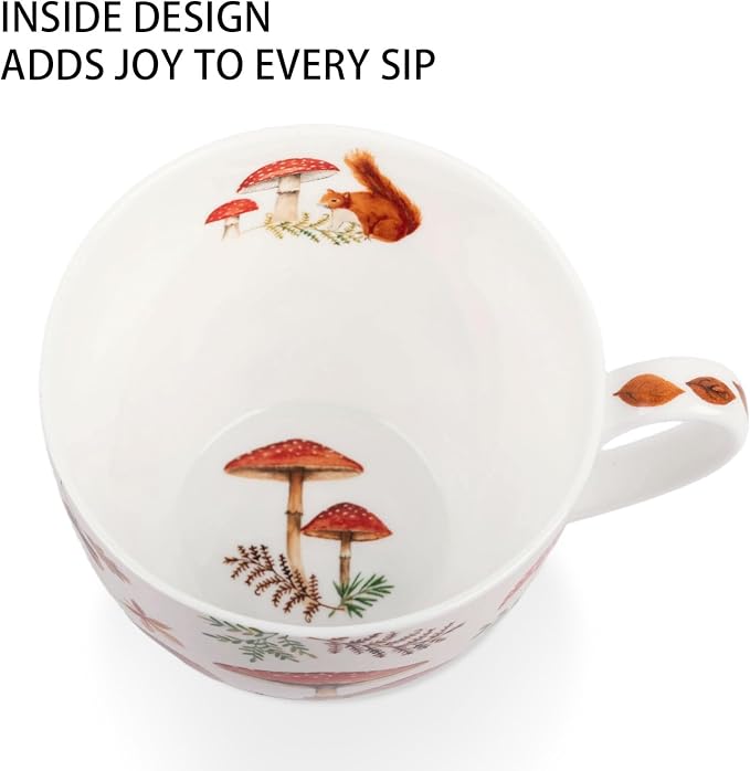 Autumn Squirrel Hug Mug – 20oz Bone China Coffee Mug, Cozy Fall Mushroom Forest Design, Gift for Nature Lovers and Friends, Designed in England by Harvest Green Studio - Image 5