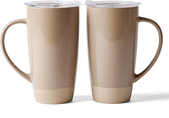 famiware Milkyway Coffee Mugs, 20oz Large Coffee Mug, Ceramic Mug Set of 2 with Lid, Cup Set with Handle for Latte, Tea, Cocoa, Milk, Home & Office, Cinnamon Brown by Famiware