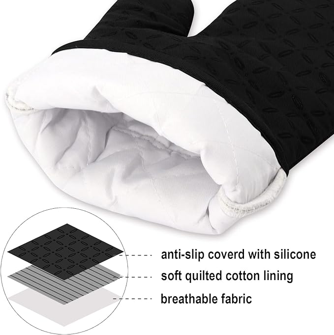 KEGOUU Oven Mitts and Pot Holders 6pcs Set, Kitchen Oven Glove High Heat Resistant 500 Degree Extra Long Oven Mitts and Potholder with Non-Slip Silicone Surface for Cooking (Black) - Image 3