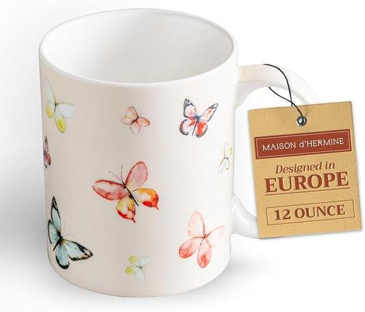 Maison d' Hermine Coffee Mug with Handles Tea Cups (12 Ounce, Pack of 1) | Fine Bone China Coffee Mugs for Hot Beverages Cappuccino Latte Home Restaurant Spring Summer -Botanical Fresh - Butterflies by MaisondHermine