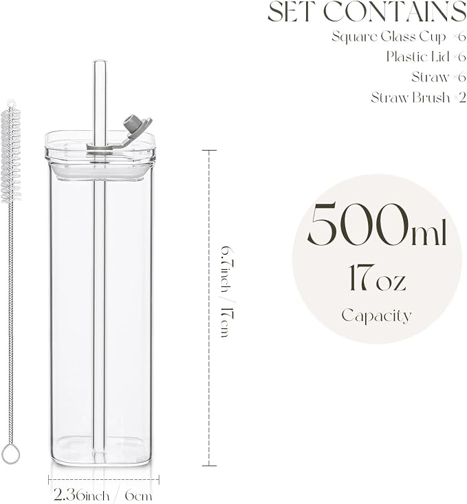 6 Sets Square Drinking Glass Cups, Old Fashioned Glasses, 17 Oz Square Glasses, Clear Highball Modern Glassware Tumbler Mixed Drinkware with Straws for Cocktail Coffee Juice Beer (Square-6PCS) - Image 3
