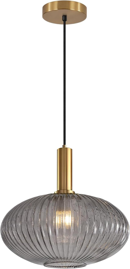 KCO Vintage Gold Brass 11.8” Large Smoke Gray Ribbed Glass Pendant Light | E26 Base, Oval Lantern Shade, Mid Century Modern Adjustable Hanging Lamp for Kitchen Island Dining Room Entryway Bedroom Bar by KCOLighting