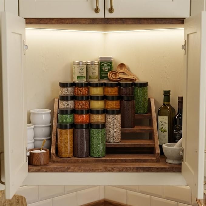 4 Tier Wood Spice Rack Organizer for Cabinet, Super Sturdy Display Riser Shelf Seasoning Organizer for Countertop Pantry Cupboard, Retro Storage Holder for Kitchen Condiment Jar Spice Container - Image 4