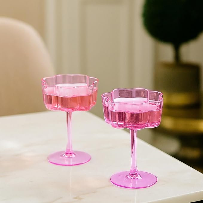 Flower Scalloped Vintage Wavy Petals Wave Glass Coupes 7oz Colorful Martini, Champagne & Cocktails, 2 Pink & Blush Set Amber Rippled Champagne Glasses, Elegant Bar Glassware, Aesthetic Coupe Glassware - Image 7