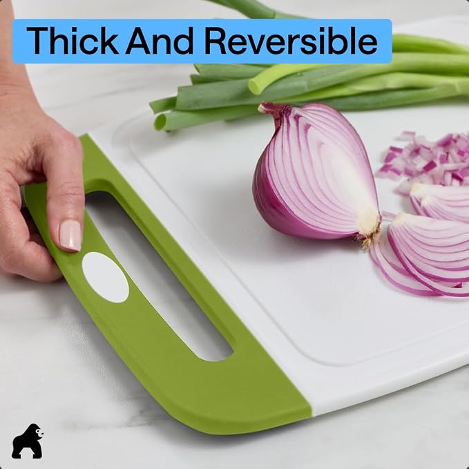 GORILLA GRIP BPA-Free Reversible Kitchen Cutting Board Set of 3, US Designed, Nonporous, Juice Grooves Catch Liquid, Slip Resistant Border, Dishwasher Safe, Durable Food Chopping Boards, Lime Green - Image 7