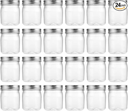 novelinks 8 oz Plastic Mason Jars and Clear Plastic Jars with Lids 8 oz | 24 Pack, Silver, Plastic Containers with Lids, Small Mason Jars, Clear Jars Bulk, Spice Jars, Slime Jars, Mini Jars by novelinks