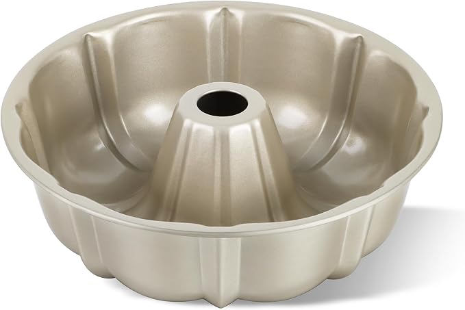 TeamFar 10 Inch Nonstick Cake Pan, 10 Cups Fluted Tube Cake Pan for Baking | Heavy Duty Carbon Steel Round Baking Tray for Making Jello/Monkey Bread/Chocoflan, Non Toxic, Easy Clean - Champagne Gold by TeamFar