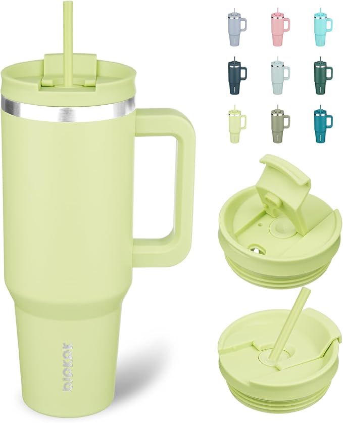 BJPKPK 40 oz Insulated Tumbler with Handle & Straw, Stainless Steel | Double Wall Vacuum Insulation, Leak Proof, BPA Free, Dishwasher Safe, Cupholder Friendly, Travel & Outdoor, Macaron Green by BJPKPK