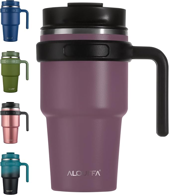 20 oz Insulated Coffee Mug Tumbler with Handle, Stainless Steel Travel Mug Tumbler with Lid and Straw, Double Wall Vacuum Leak Proof Ice Coffee Thermal Cup, Plum by ALOUFEA