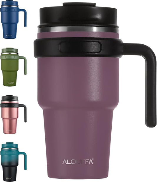 20 oz Insulated Coffee Mug Tumbler with Handle, Stainless Steel Travel Mug Tumbler with Lid and Straw, Double Wall Vacuum Leak Proof Ice Coffee Thermal Cup, Plum by ALOUFEA