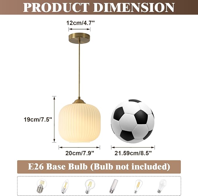 KCO Lighting Modern Brass Gold 7.9” Ribbed White Milk Glass Pendant Light | Adjustable Cord, E26 Small Mid Century Modern Hanging Light for Sloped Ceiling Kitchen Island Dining Room Bedroom Entryway - Image 2