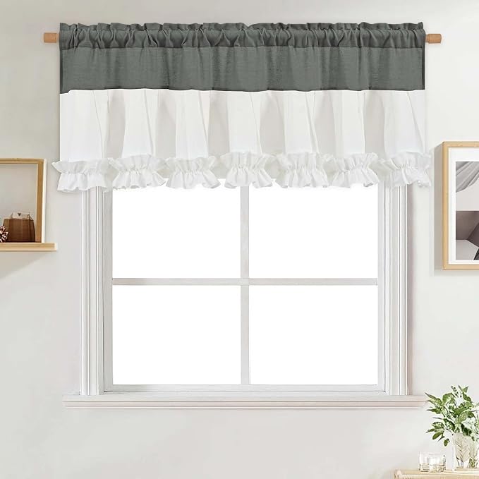 Likiyol Linen Valances for Windows Farmhouse Window Valances with Ruffle Rustic Country Light Filtering Kitchen Valance Curtains Rod Pocket Valance for Bathroom Cafe, Grey White, 52" W X 18" L - Image 9