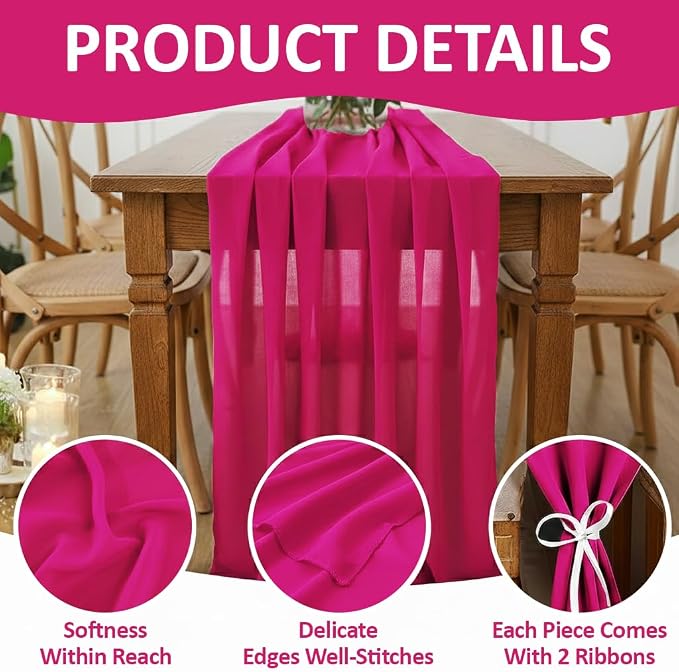 Pack of 25 | Magenta | 10ft Chiffon Table Runner 29x170 Inches Long Romantic Rustic Sheer Gauze Runner for Wedding Bridal Shower Birthday Banquets Engagement Spring Easter Boho Decorations - Image 5