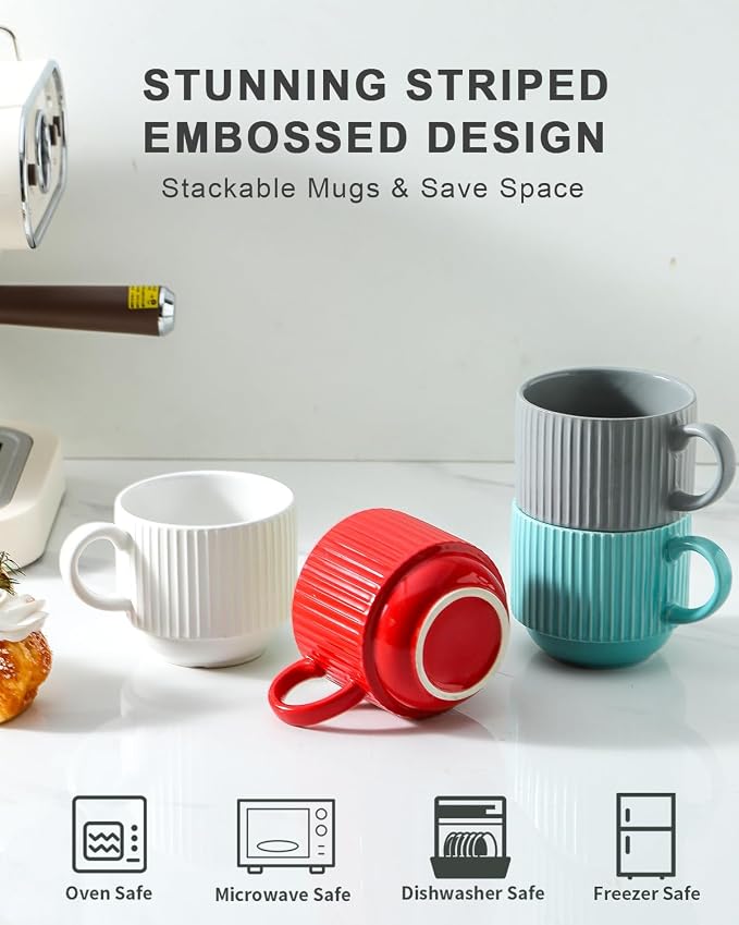 HASENSE Ceramic Coffee Mug Set of 4 with Rack - 15 oz Stacking Ribbed Latte Cups Set for Cappuccino, Tea, Hot Cocoa, Drinks - Wedding & Housewarming Gifts Assorted Colors - Image 4