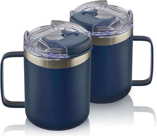 12oz Stainless Steel Insulated Coffee Mug with Handle, Double Wall Vacuum Tumbler Cup with Fliping Lid, Navy, 2 Pack | Stainless Steel Coffee Tumbler with Lid, Double Wall Vacuum Thermal Cup for Camping by ALOUFEA