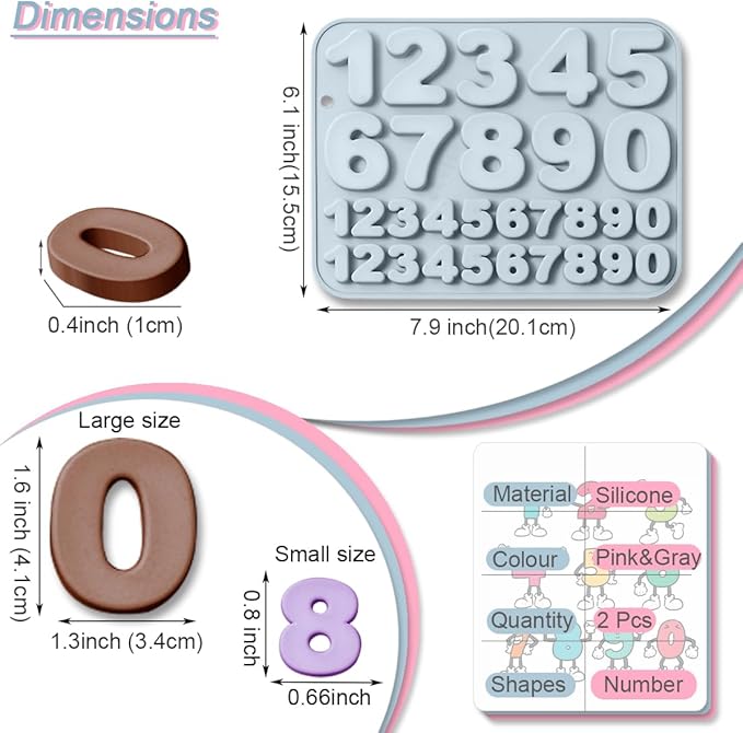 2 Pack Number Silicone Cake Molds 30 Cavity Medium and Small Size 3D 0-9 Digital Mould Tray DIY Baking Decorating Tools for Chocolate Candy Cupcake Mousse Dessert Gummy Handmade Soap Clay