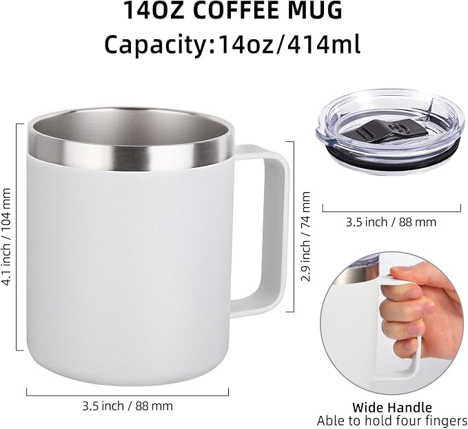 Volhoply 14oz Insulated Stainless Steel Coffee Mug with Lid Bulk 4 Pack,Double Wall Vacuum Travel Coffee Cup with Handle,Reusable Cups Tumbler,Camping Mugs Keep Hot,Ideal Gifts(Assorted,4) - Image 2