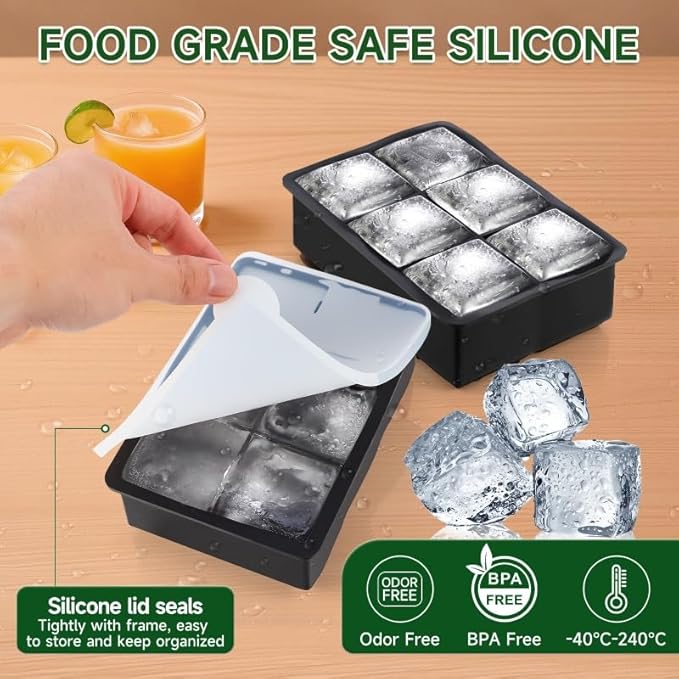 Silicone Ice Cube Tray, Easy Release Flexible Ice Cube Tray with Removable Lid, 24 Ice Cub Per Tray for Whiskey, Freezer, Cocktail, Reusable & BPA Free (6 Square*2)