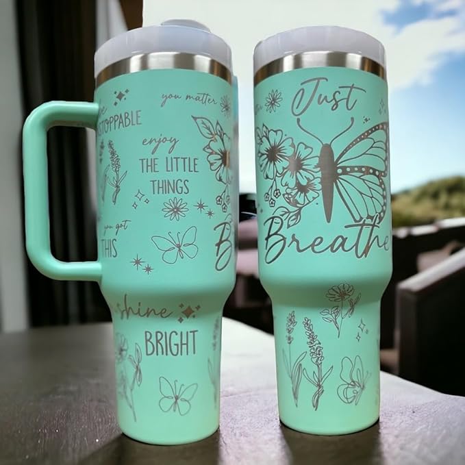Tumbler, 40oz Tumbler, Western Tumbler, Engraved Cup with Handle, Cute Coffee Mug, 40oz Coffee Mug (Mint(6)-Just Breathe(C11))