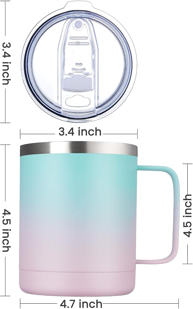 MEWAY 12oz Coffee Mug With Handle and Sliding Lid,Stainless Steel Travel Tumbler Cup with Handle,Double Wall Vacuum Insulated Camping Cup for Hot & Cold Drinks Tea (Bubble Gum,Set of 1) - Image 4